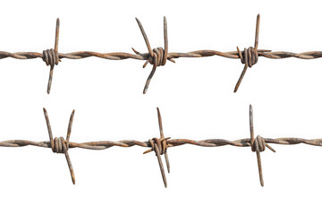 Two rows of rusty barbed wire with sharp points on black background metal