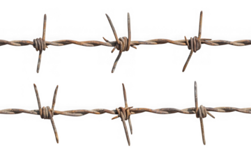 Two rows of rusty barbed wire with sharp points on black background metal