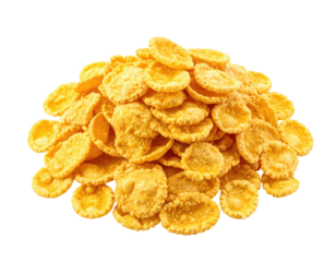 A golden, crunchy pile of breakfast cereal, a classic and simple start to the day