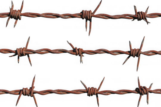 Three rows of rusty barbed wire with sharp points against a black background metal