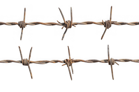 Two rows of rusty barbed wire with sharp points on black background metal