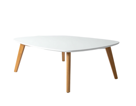 Modern white coffee table, triangular shape with wooden legs, on a black background