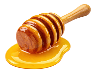 Wooden honey dipper dripping with golden liquid on a black background