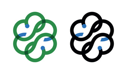 Two abstract hexagonal logos with intertwined green and black loops and blue dots on a white background.