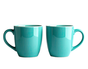 Two turquoise mugs side-by-side on black. White interiors visible