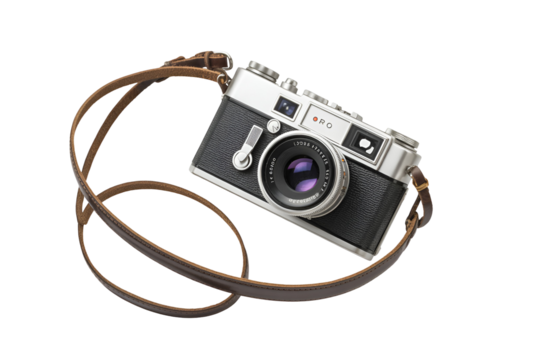 Vintage silver film camera with leather strap isolated on transparent background