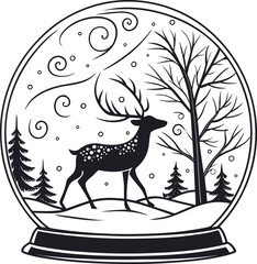 Winter forest deer in snow globe outline, festive illustration