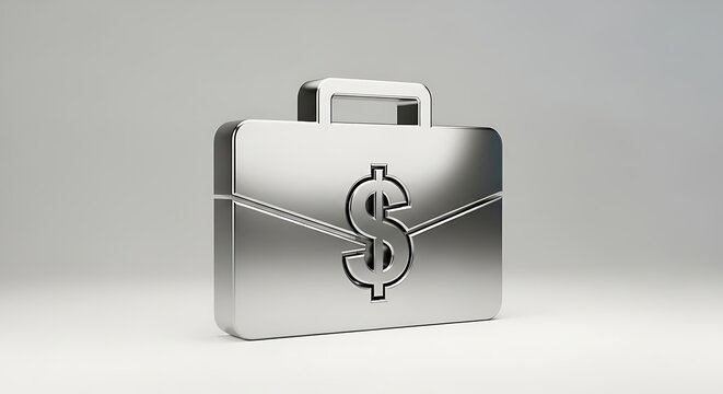 A silver briefcase with a dollar sign on the front