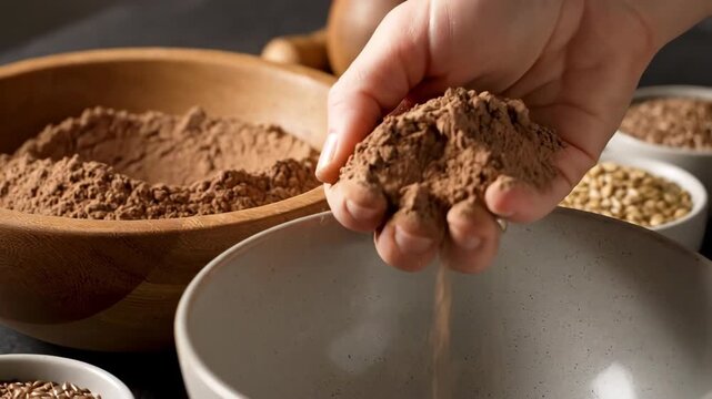 Hand sifting rich cocoa powder into a ceramic bowl surrounded by various seeds and grains in a cozy kitchen setting, showcasing a warm and inviting atmosphere with natural lighting and earthy tones