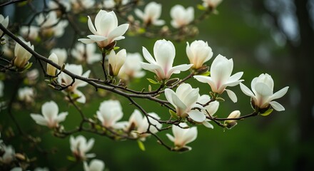 Obraz premium 生命力あふれる春の陽光を浴びてきらめく純白の木蓮が繊細な花びらを広げ枝いっぱいに咲き誇る春の息吹を感じる風景優しくぼかされた緑の背景が深みと静けさを添える. AI Generated