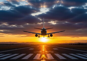 Fototapeta premium Airplane landing during a dramatic golden sunset over the runway