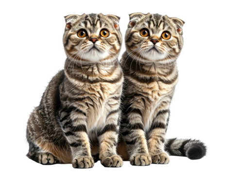 Two Scottish Fold cats, tabby pattern, sitting and looking up, on a black background