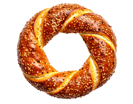 A freshly baked, sesame-seed covered, circular bread roll with a hollow center
