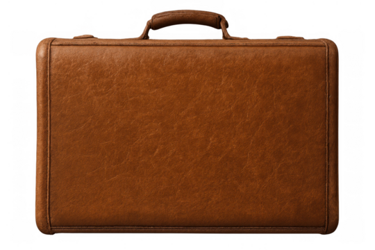 Brown leather briefcase carrying important documents for business and travel, representing professionalism, success, and vintage style, transparent background