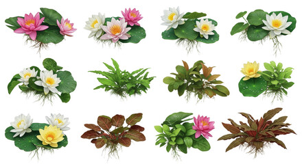 Collection Of Water Lily And Aquatic Plants In Various Colors And Types isolated on Transparent Background