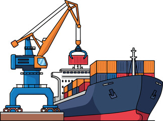 Container Ship Being Loaded by a Crane at a Port.