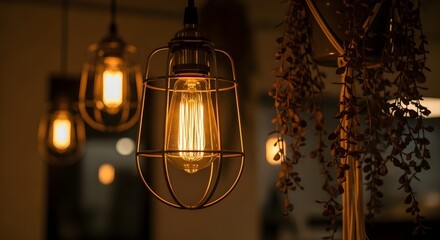 Vintage edison bulbs illuminate a cozy interior space