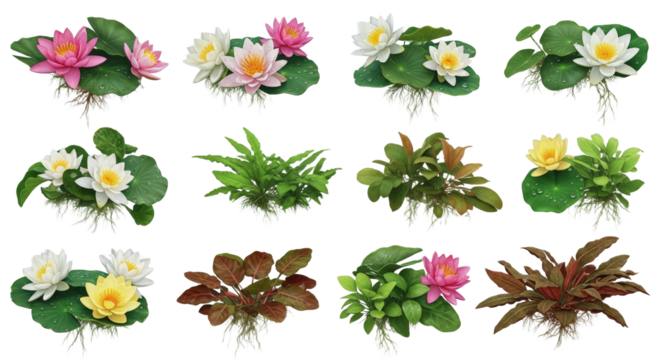 Collection Of Water Lily And Aquatic Plants In Various Colors And Types isolated on Transparent Background
