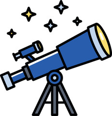 Detailed illustration of a blue telescope with a tripod and stars in the sky.