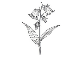 Detailed line drawing of a bell shaped flower with leaves