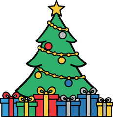 A festive Christmas tree adorned with ornaments and presents below.