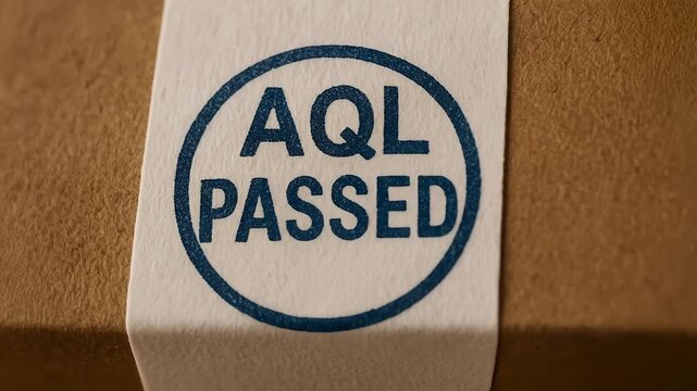AQL passed quality control inspection stamp on paper label packaging cardboard conveying manufacturing approval assurance confidence quality control