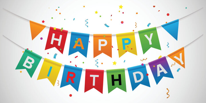 Colorful Happy Birthday Bunting Banner with Confetti Streamers for Festive Celebration Party Decoration Event Backdrop