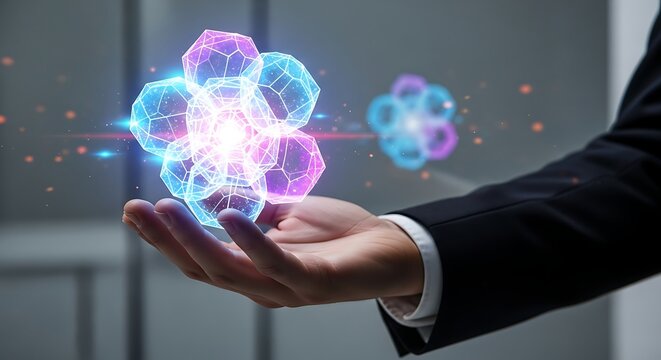 Hand holding a glowing geometric abstract object