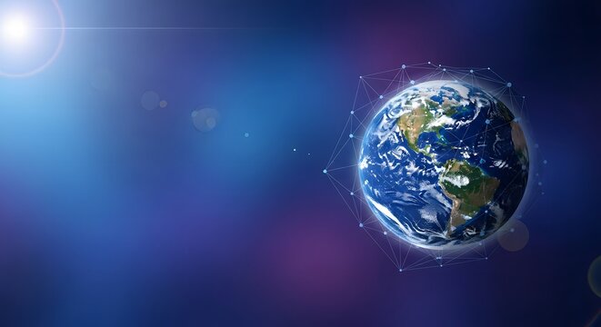 Digital Earth with glowing network lines in space symbolizing global communication data exchange and interconnected modern societies