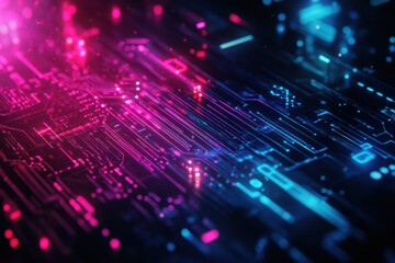 Abstract digital circuit board with pink and blue glowing lights technology