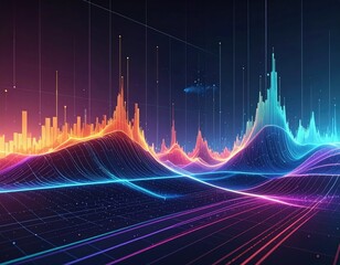 Luminous data landscape waves and peaks of digital information