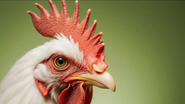 A detailed close-up of a white chicken's head with a prominent red comb