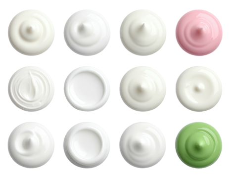Overhead view of twelve circular swirls of creamy white and pink substances