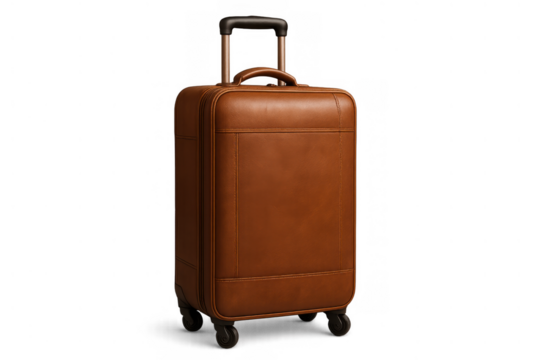 Brown leather rolling suitcase ready for travel, business trip, vacation, holiday, transparent background