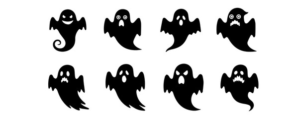 Set of Eight Ghost Silhouettes Icon Collection: Halloween, Spooky, Scary, Cute, Flying Spirit Vector Graphics