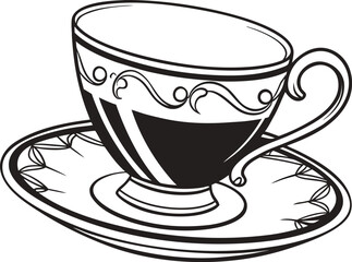Ornate vintage teacup and saucer line art illustration on white
