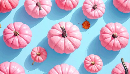 Pink pumpkins on pastel blue; a flat lay, with shadow