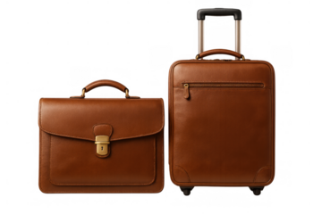 Brown leather briefcase and luggage bag set on wheels, representing business travel and corporate journeys