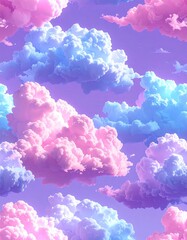 Pastel cloudscape pink, blue, fluffy shapes in sky
