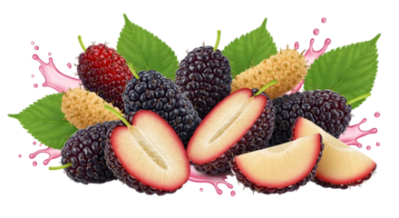 Fresh and juicy mulberries with leaves isolated on transparent background