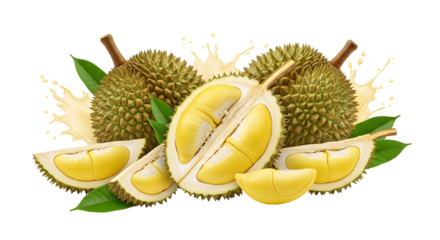 Fresh and juicy durian with leaves isolated on transparent background