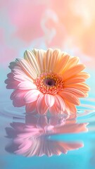 Gerbera floats on water, colorful pastel hues & reflection