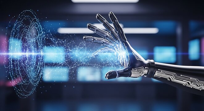 Robotic arm interacting with a digital sphere in a futuristic technology environment scene