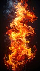 Fiery column of intense orange flames and gray smoke