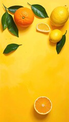 Citrus fruit & leaves scattered across a sunny yellow backdrop
