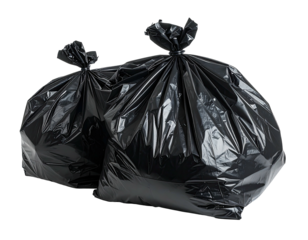 Two tightly knotted black plastic refuse sacks, slightly overlapping, against a void