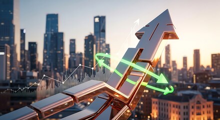 Metallic arrow pointing upwards with green arrows and a cityscape background at sunset time