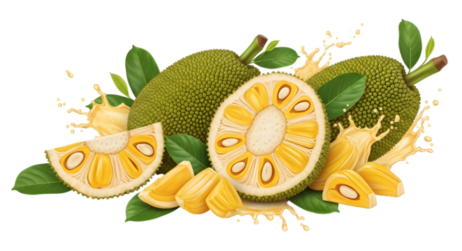 Fresh jackfruit with leaves isolated on transparent background in a detailed view