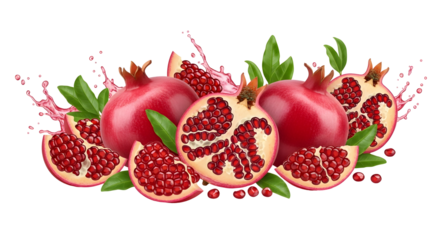 Fresh pomegranates with leaves and juice isolated on transparent background