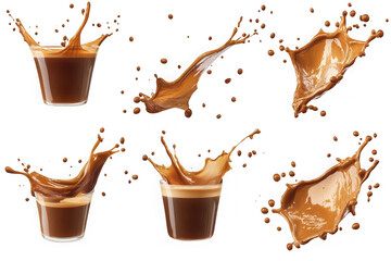 Coffee splashes erupting from clear glasses against a black background liquid drink